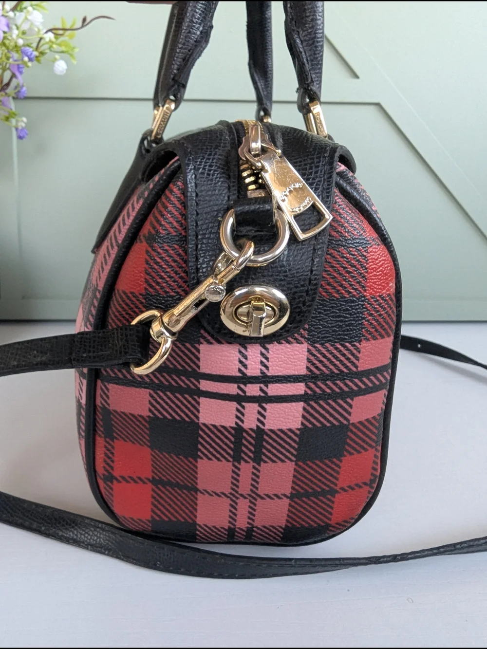 Coach Mini Bennett Satchel featuring a red, pink, andblack Riley Plaid print